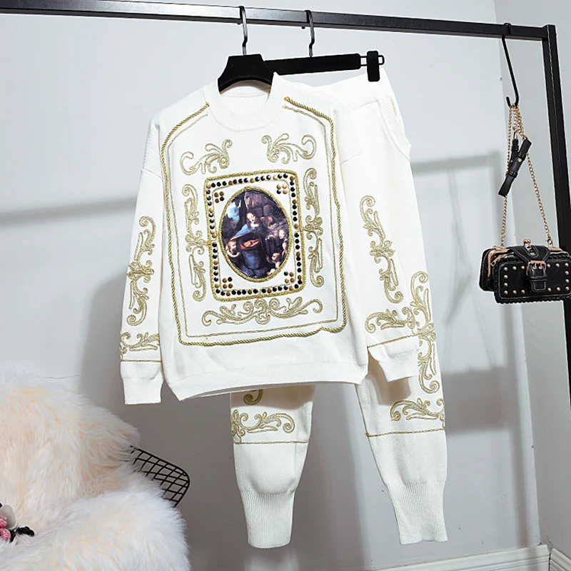 

Autumn Fashion Red Black White Knitted Tracksuit Women Set Loose Casual Embroidery Rivet Print Sweater Long Pants Outfits Female