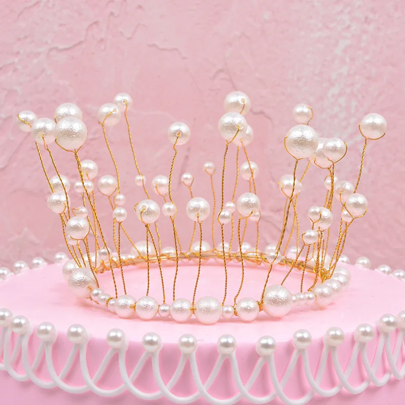 

Crown Cake Decoration Highlight Handmade Pearl Crown Birthday Cake Baking Party Bridal Headdress