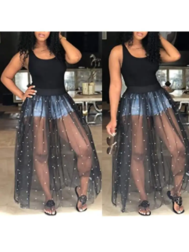 

Women Sexy Sleeveless Sheer Mesh Maxi Dress Pearl Beading Tulle Beach Cover Up