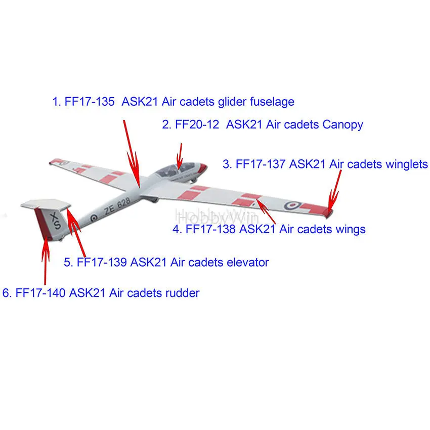 Стеллажный планер ASK-21 Air для курсантов 2600 мм ARF RC Стекловолоконный фюзеляж и