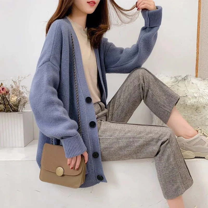 Женский вязаный свитер осенний уютный синий красный бежевый на пуговицах