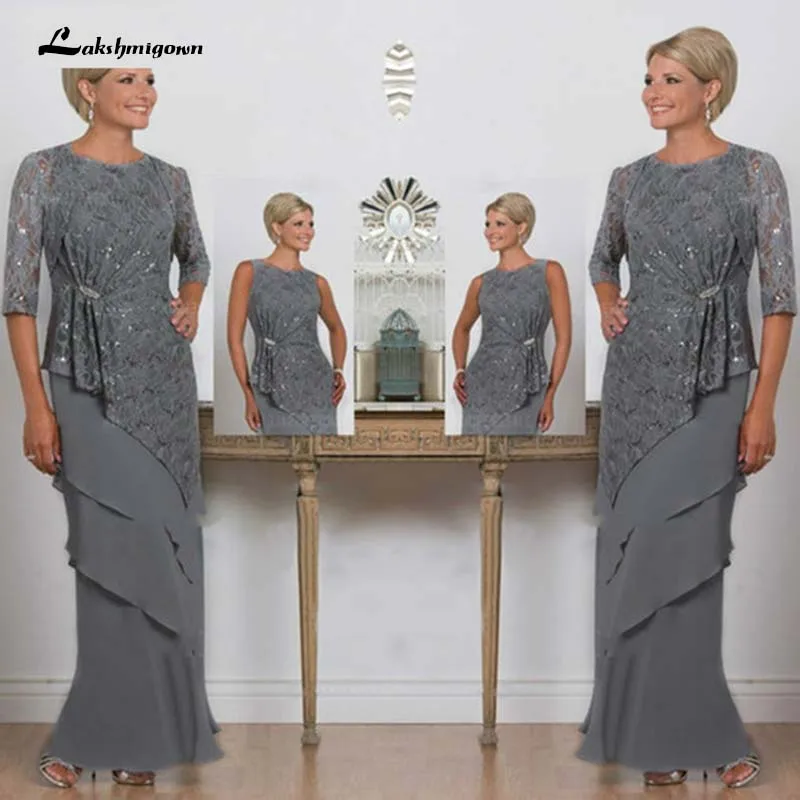 

Grey Mother Of The Bride Dresses Long Lace Sequined Tiered Chiffon Half Long Sleeve Mother's Gowns Wedding Guest Dress Plus Size
