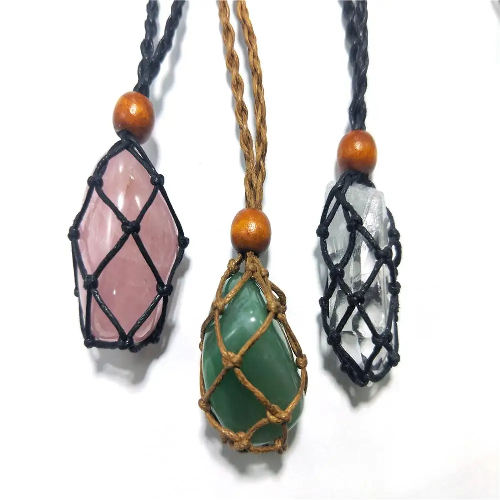 Natural Quartz Crystal Necklace Cord - Raw Stone Holder Fish Net Chakra Point Healing Pendant Amulet image 5