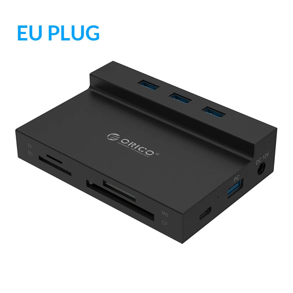 ORICO USB 3,0 концентратор к мульти USB3.0 RJ45 карты памяти SD/TF MS/CF Тип C разделительная карта считывания док-станция с Мощность адаптер для компьютера аксессуары - Цвет: Black EU Plug