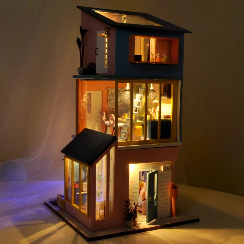 

DIY Wooden House Dollhouse Kit Villa Miniature Doll House Decoration Accessories 3in1 Assemble Ornaments