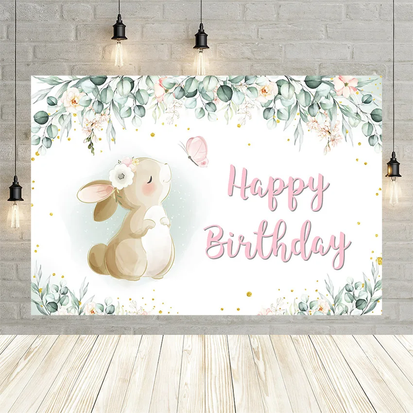 

Mehofond Girl Happy Birthday Party Backdrop Wild Rabbit Green Leaves Photography Background Props Banner Photozone Photo Studio
