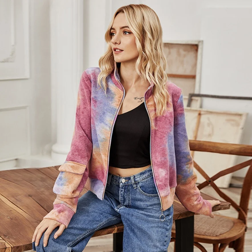 

2021 Tie dye Fashion Spring Autumn Women Casual Zipper Jackets Coat Female Streetwear Outwear Tops