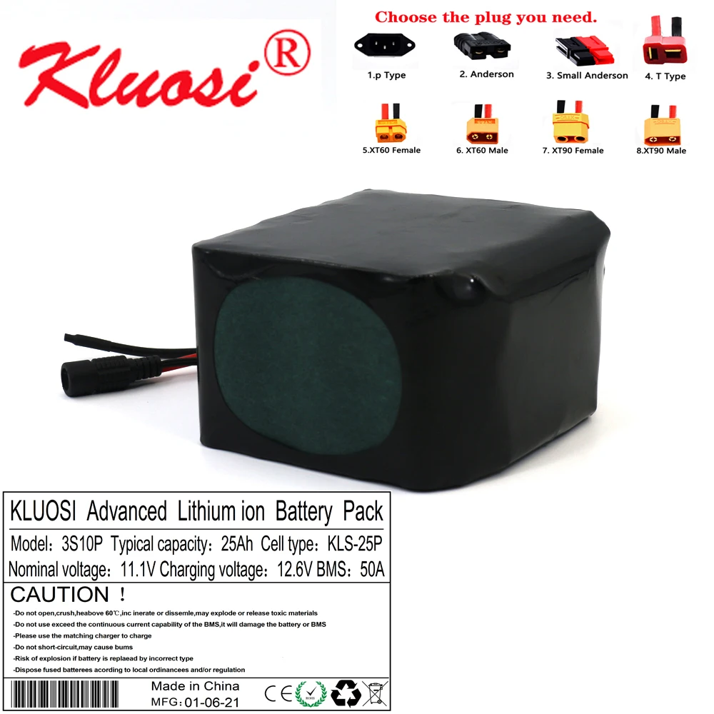 Аккумулятор KLUOSI 12 В 25 А · ч 3S10P 450 Вт 6 в литиевый аккумулятор с 50 BMS для инвертора