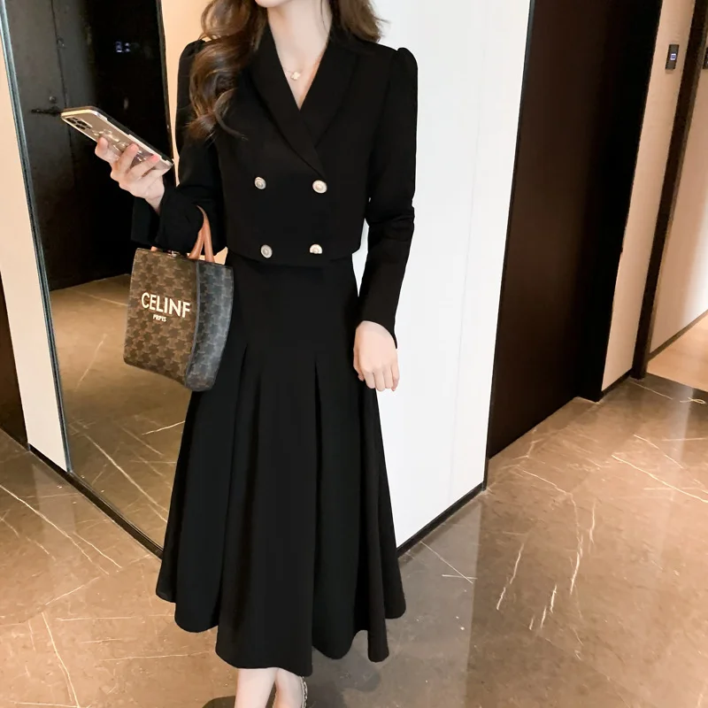 

Осенне-зимнее платье 2021 французское темпераментное тонкое пальто и юбка комплект из двух предметов