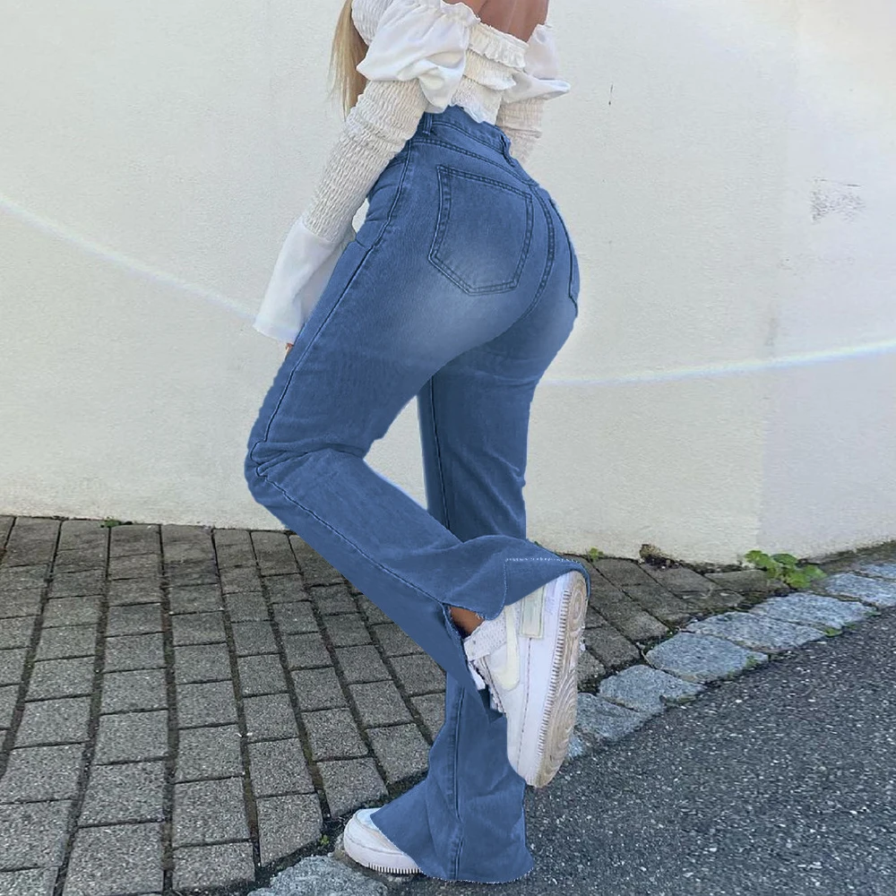 

Blue Women Jeans Flare Pants High Waist Slim Ankle Split Denim Trousers Office Lady Denim Boot Cut Pant Female Summer 2021