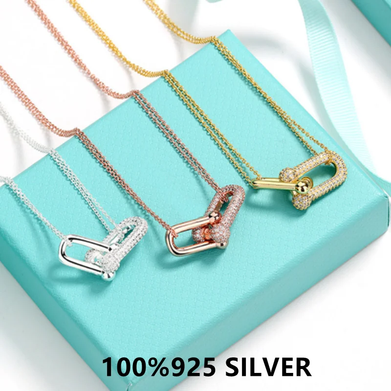 

HardWear Necklace 925 Sterling Silver female Horseshoe buckle necklace Double ring Necklace 18KRose Gold