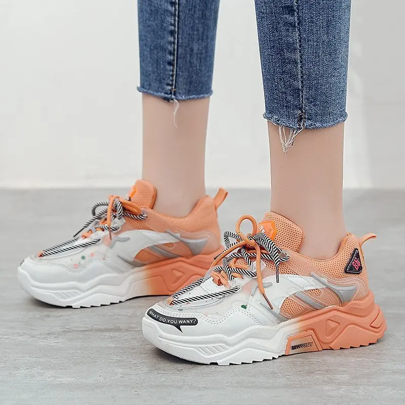 

2021 Sneakers Woman Orange Height Increasing Sport Shoes High Quality Girl Ladies Comfortable Running Shoes Colorful Trainers