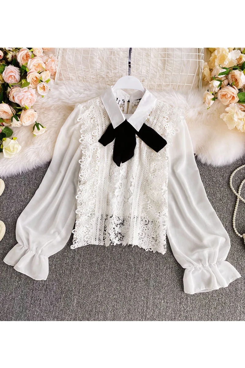 

Sexy Women White/Black Hollow Out Lace Blouse Shirt Spring Autumn Flare Sleeve Tops 2020 Elegant Bow Ladies Chiffon Blouse