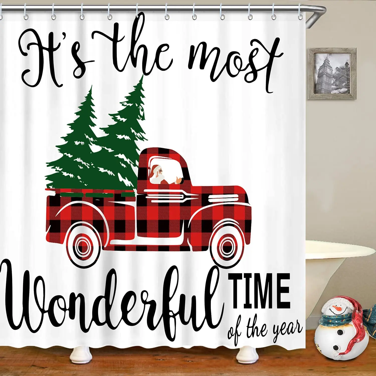 

Christmas Shower Curtain Winter Santa Claus Red Retro Truck Car Snowflake Xmas Tree Machine Washable Bathroom Decor Curtains