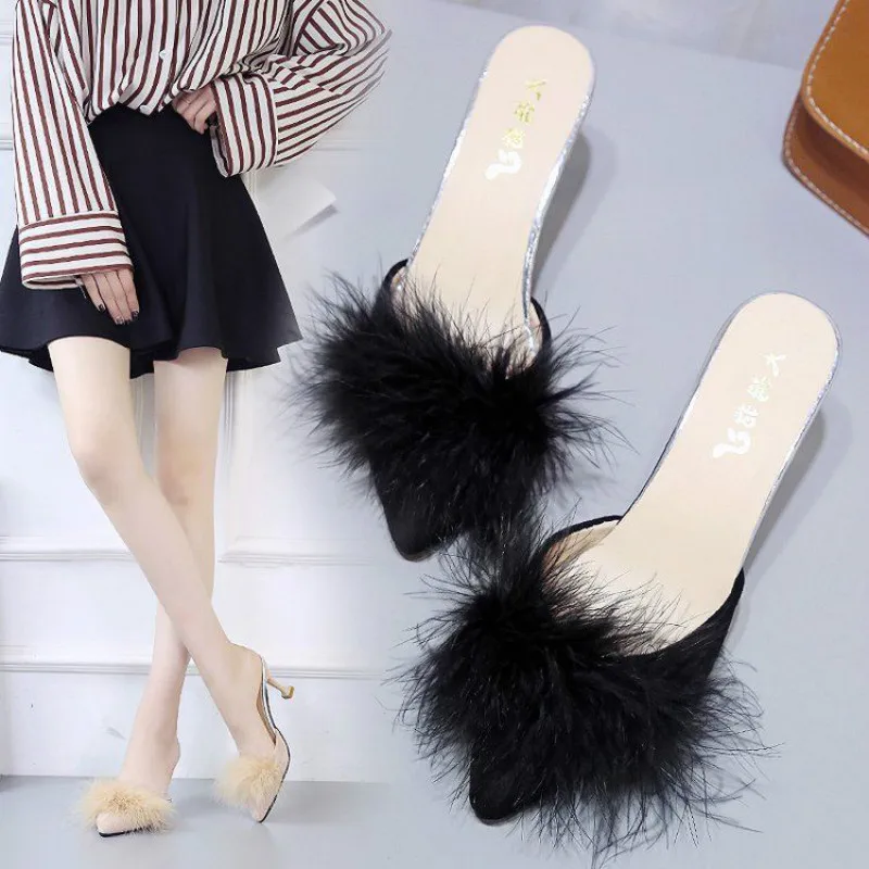 Женские меховые сандалии босоножки на высоком каблуке открытый носок пушистые