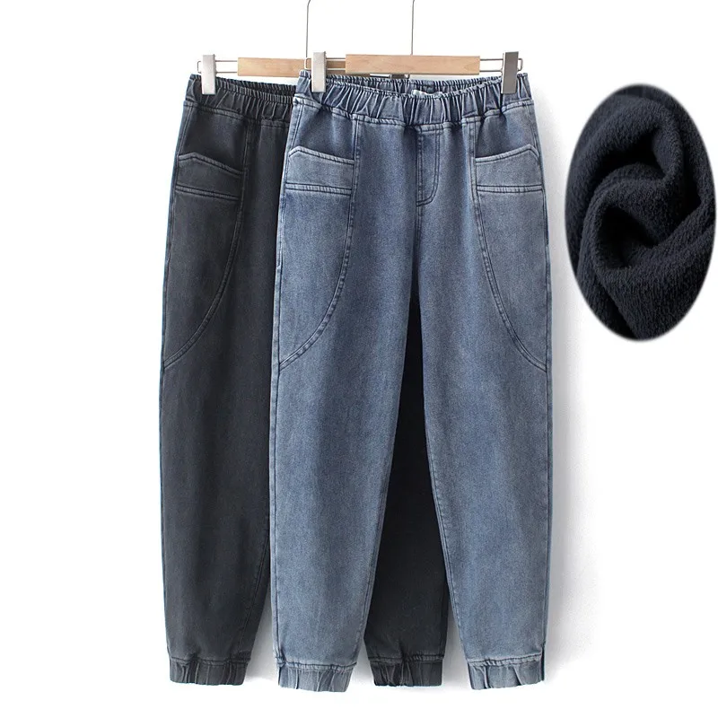 

Winter Thick Fleece Warm Loose Mom Harem Pants Jeans Women High Waist Casual Streetwear Female Blue Black Denim Pants Plus Size