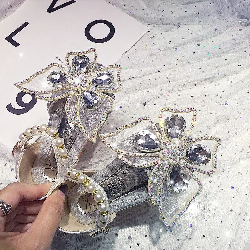 

Children Girls Shoes Kids Leather Shoes For Wedding Party Performance Lace Butterfly Bling Pearls Beading Children Flats