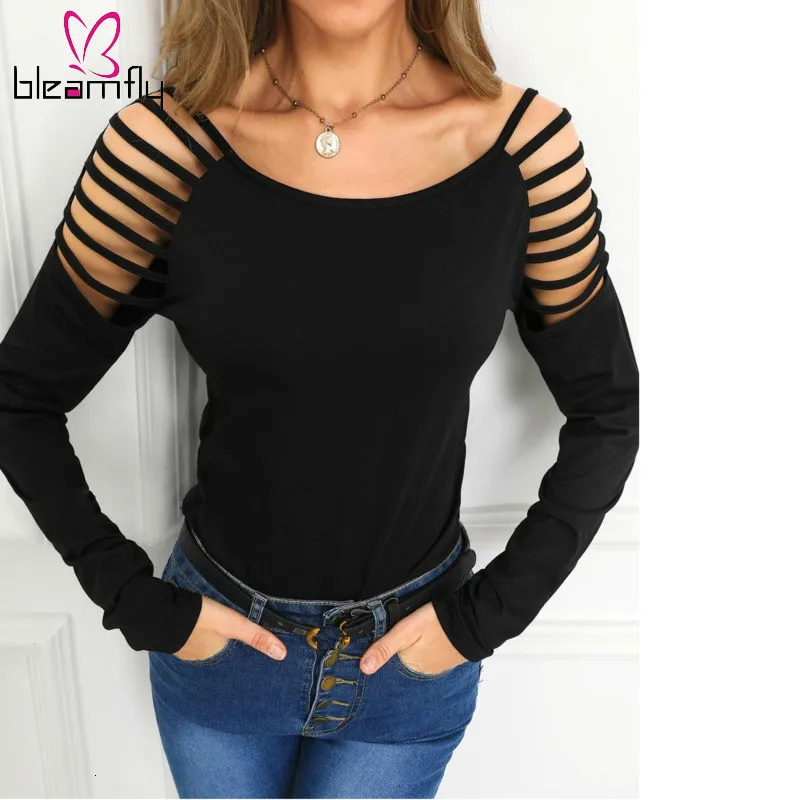 2019 Сексуальная женская черная футболка с леопардовым принтом вырезами и длинным