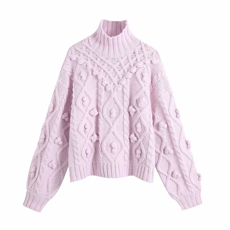 

New Women Winter Warm Purple Za Knitted Pullover Tops Female Casual Long Sleeve Ball Knit Thick Autumn Turtleneck Sweater Chic