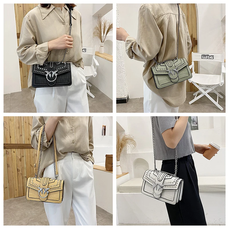 

2021 New Fashion Rivet Chain Shoulder Messenger Bags Niche Design Metal Swallow Women Handbags High Quality Small Square Bags