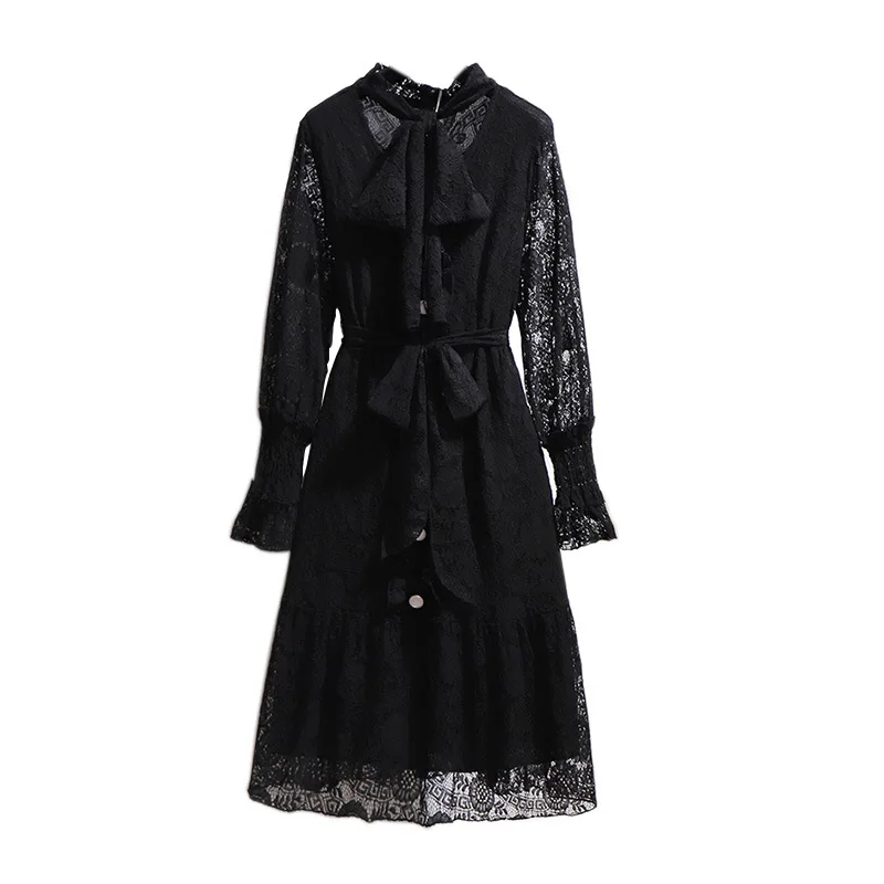 Женское осенне-зимнее платье с кружевом, Черное мини-платье на пуговицах с длинным рукавом и поясом, размеры 3XL, 4XL, 5XL, 6XL, 7XL от AliExpress RU&CIS NEW