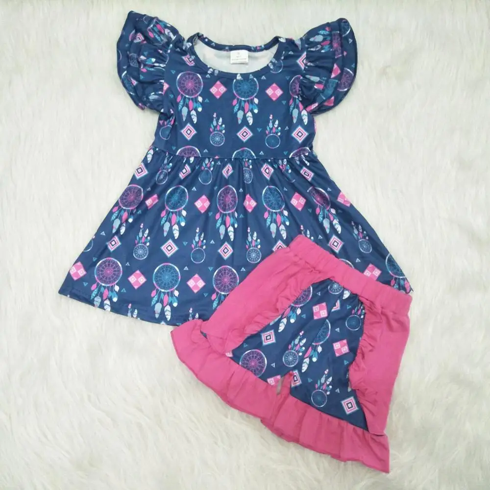 

Summer children girl ruffle short sleeve shorts set dream catcher print design boutique set yll