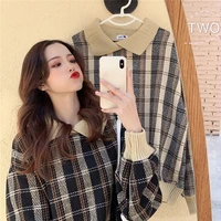 ladies pullover sweater collar fake two piece plaid sweater women plus velvet thick loose korean style lazy jacket