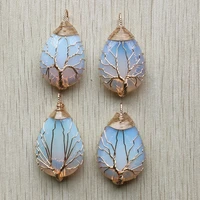 wholesale 4pcslot good quality gold color wire wrap handmade tree of life drop shape opalite stone pendants free shipping