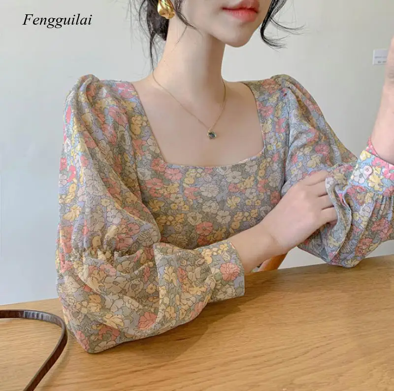 

Korean Chic Soft Sweet Little Flower Print Square Collar Open Clavicle Loose and Versatile Lantern Sleeve Shirt Blouse Women 20