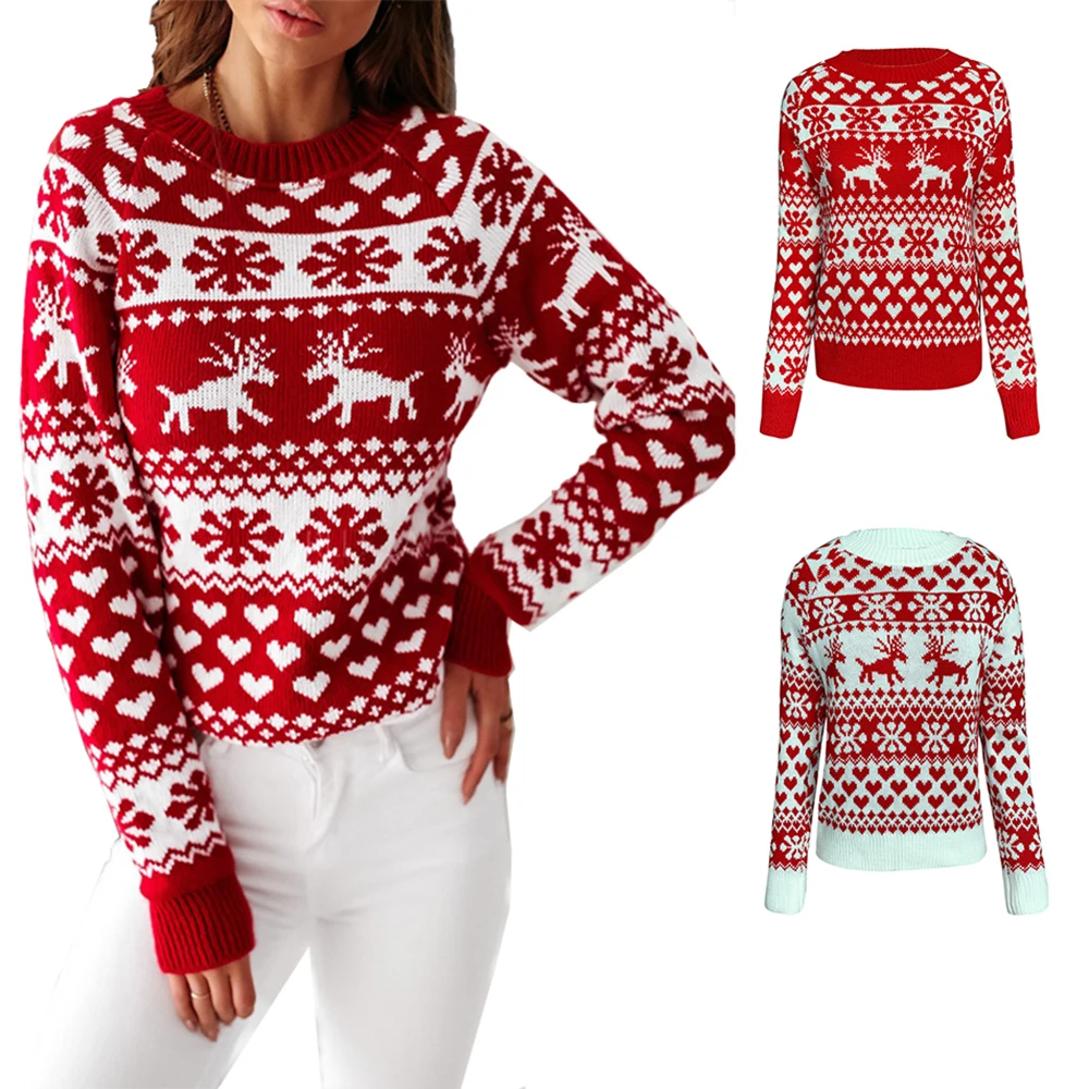

Winter Women Christmas Sweaters Pullover Tops Casual Long Sleeve Elk Snowflake Heart Print Knitted Sweater Women Jumper Knitwear