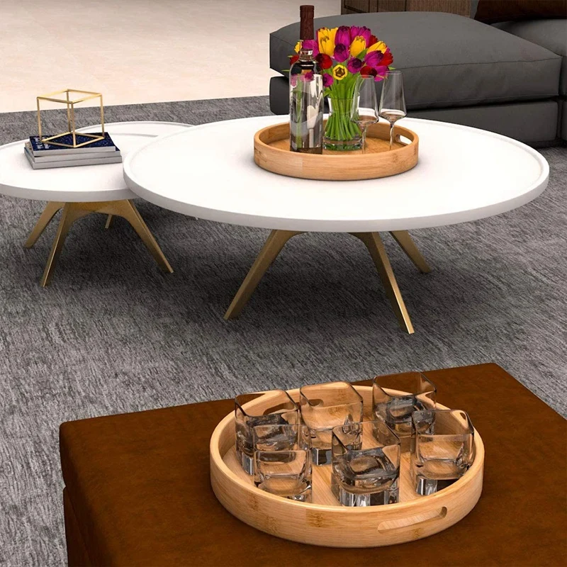Round Serving with Handles - Wooden Bamboo Circle Tray for Coffee Table Food Ottoman | Дом и сад