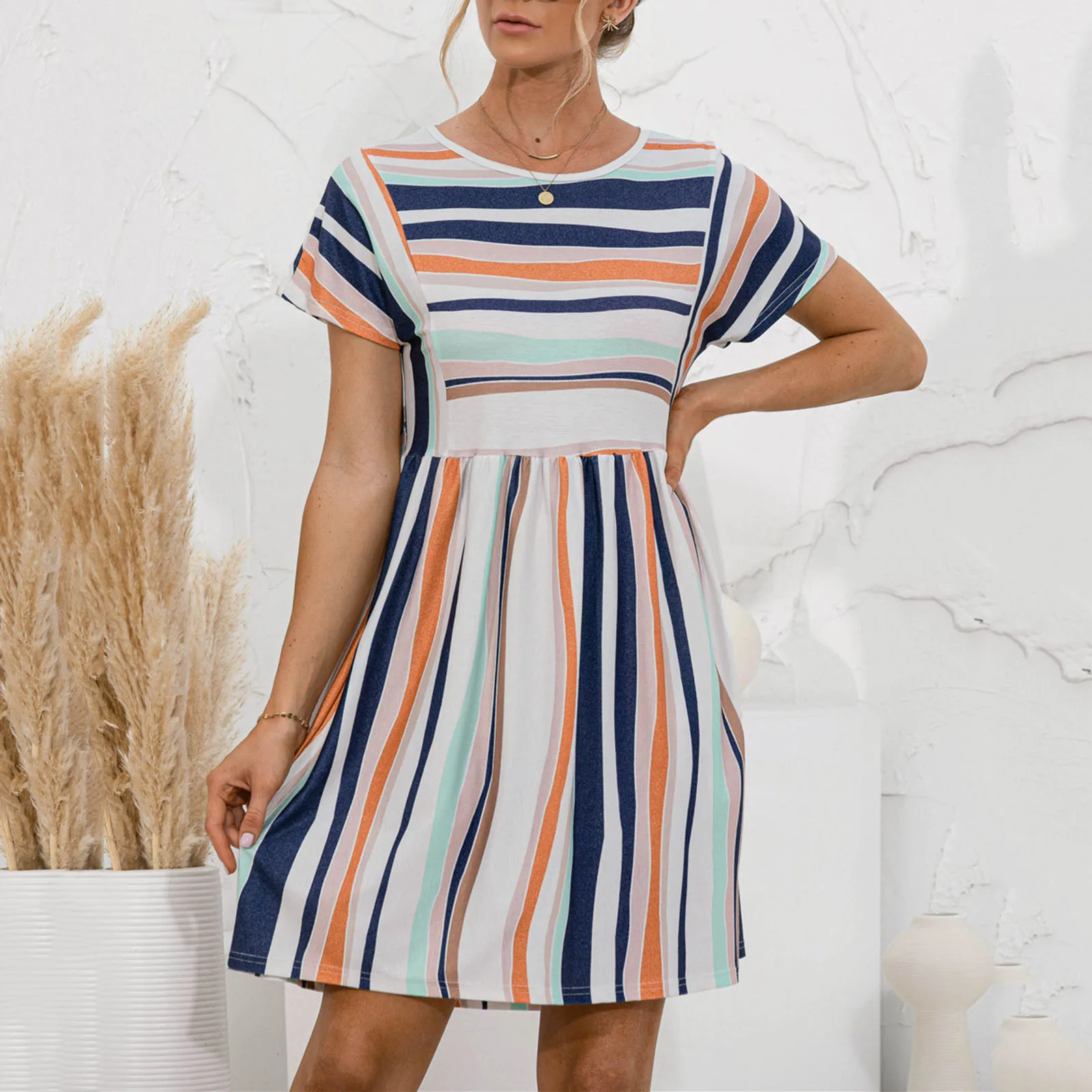 

Fashion Basic Muticolor Striped Mini Dress Women's Summer Simple High Waist O-neck Dress Loose Casual Daily Dress Casual