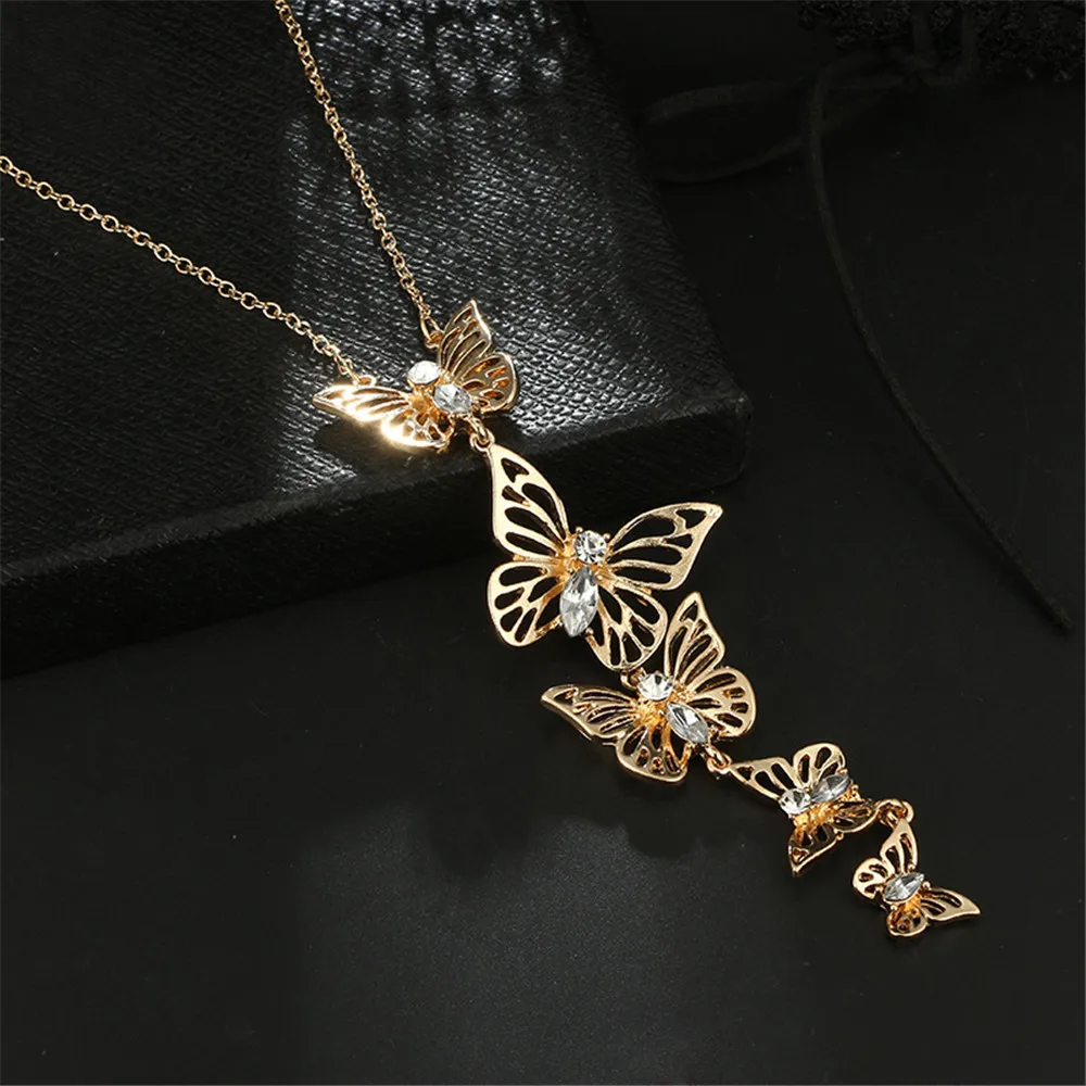 

New Fashion Hollow Alloy Cute Butterfly Pattern Clavicle Chain Long Tassel Pendant Necklace Jewelry For Women Gift