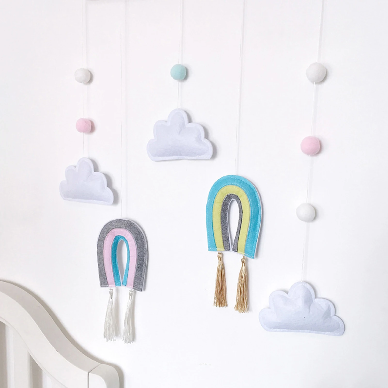 

1pc Nordic Kids Room Decoration Wooden Stick Rainbow Felt Ball Hanging Pendant Home Wall Hanging Ornament Home Decor