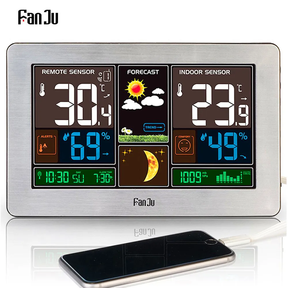 FJ3378 цифровые часы с будильником, метеостанция, настенные, для помещений, для улицы, часы с температурой и влажностью, часы с фазой Луны, с USB зарядным устройством