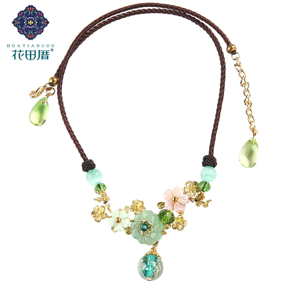 Зеленые стеклянные цветы искусственные этнические чокеры ожерелье сплав цветок
