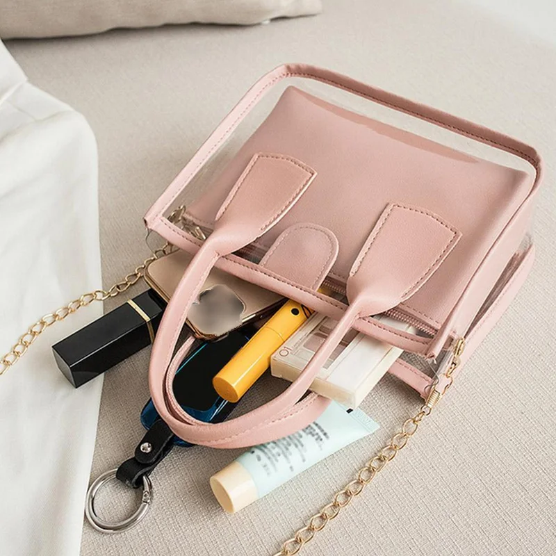 

2pcs/Set Transparent Bag Women Shoulder Bag Small Chain Jelly Handbag Phone Totes Fashion Solid Travel Crossbody Handbags 2020