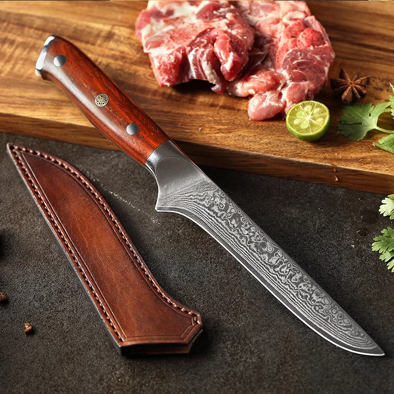 with Leather Sheath XINZUO 6 дюймов обвалочный нож для рыбы 73 слоя дамасской стали, острый кухонный нож, кухонные инструменты, Филейный нож с ручкой из розового дерева - Цвет: with Leather Sheath