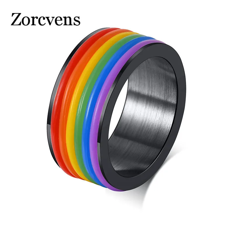 Мужское кольцо из нержавеющей стали с изображением ЛГБТ-радуги силиконовой