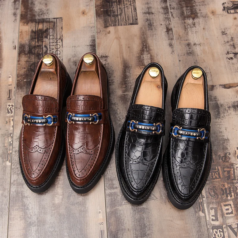 

FIXSYS Mens Dress Loafers Leather Pointe-toe Oxfords Crocodile Pattern Man Business Formal Shoes Elegant Slip-on Wedding Shoes
