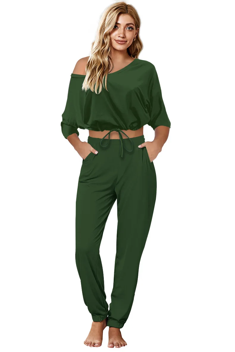 

Loose Top 2 Piece Sets Womens Outfits V Neck Drawstring Bottom Crop Top + Long Pants Sweat Suits Fall Matching Set Lounge Wear