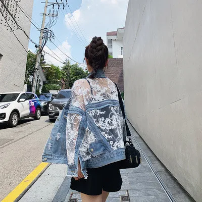 

2020 New Autumn Vintage Stand Collar Long Sleeve Blue Denim Lace Patchwork Split Joint Big Size Jacket Women Coat Fashion Tide
