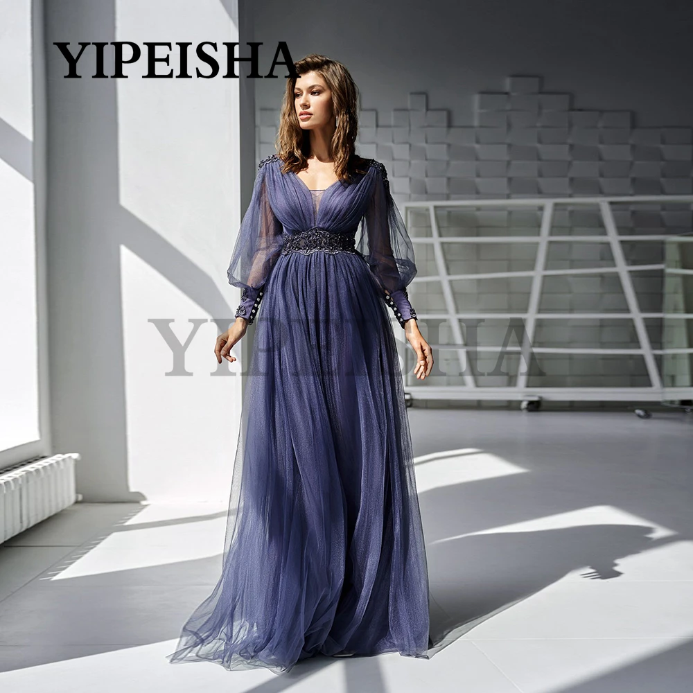

Deep V-Neck A-Line Evening Dresses Beading Sequined Backless Long Sleeve Prom Party Gown robe de soirée femme vestidos de fiesta