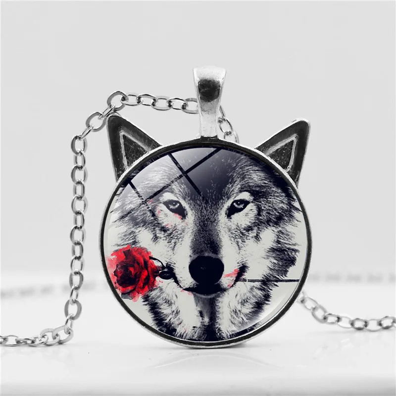 

2021 Statement Jewelry Black Nordic Wolf Necklace Wiccan Wolf Pendant Choker Collar Glass Photo Cabochon Chain