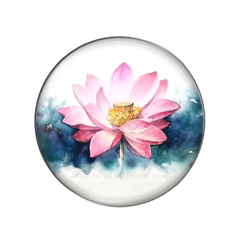 Buddhist lotus flowers Patterns 10pcs 8mm/10mm12mm/18mm/20mm/25mm Round photo glass cabochon demo flat back Making findings images - 6
