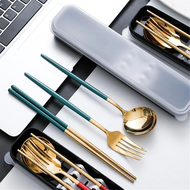 

Stainless Steel Portable Tableware Ins Wind Net Red Student Travel Outdoor Nordic Golden Spoon Fork ChopsticksStainless