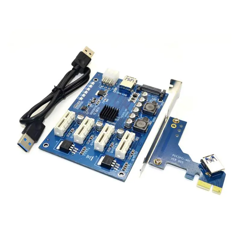 

1 Set PCI-E X1 to 4PCI-E X16 Expansion Kit 1 to 4 Port PCI Express Switch Multiplier HUB 6 Pin Sata USB Riser Card