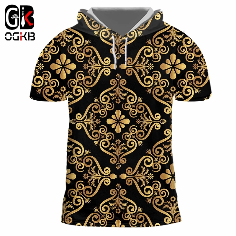

OGKB Fashion Men Golden Flower 3D Print Hooded T-shirts Summer Homme Short Sleeve Luxury Royal Baroque Men's Plus Size Shirt