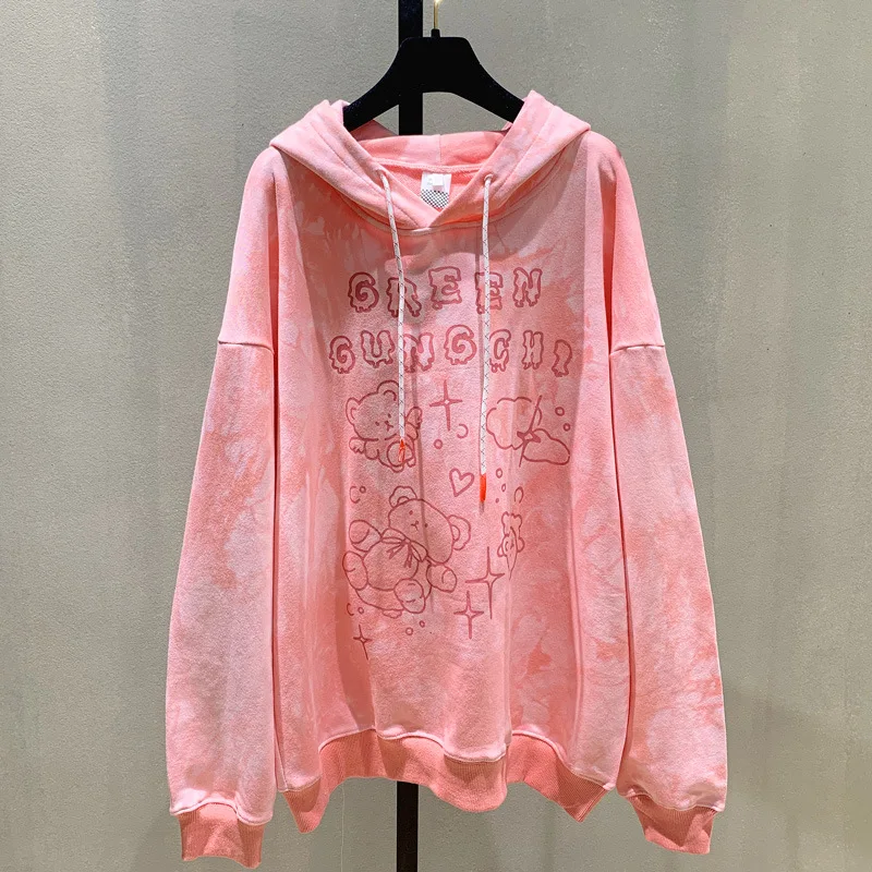 

2021 Autumn Winter Long Sleeve Hoodie Women's Korean-Style Student Loose Slimming Bear Cartoon Printed Oversized Sweatshirt Tops