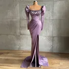 Женское атласное платье с юбкой годе, элегантное вечернее платье фиолетового цвета с высоким разрезом и бусинами, 2022